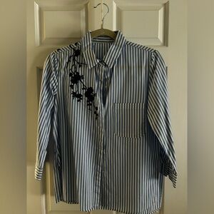 Striped Blue and White Shirt with Navy Blue Floral Embroidery Size Small/Medium